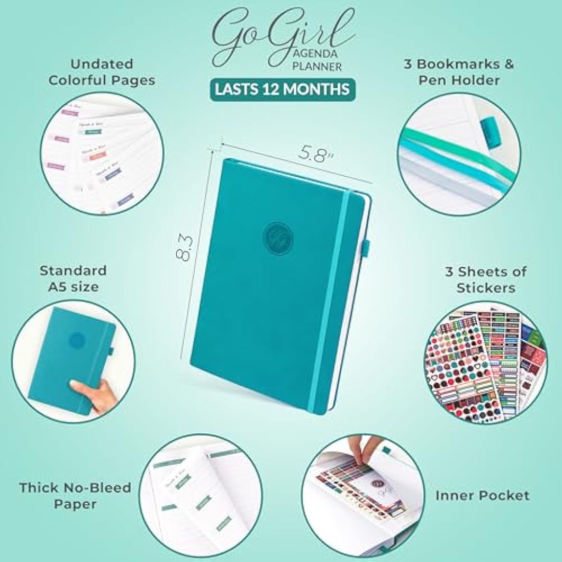 GoGirl Undated Life Planner – A5 Turquoise Eco-Leather Weekly Organizer
