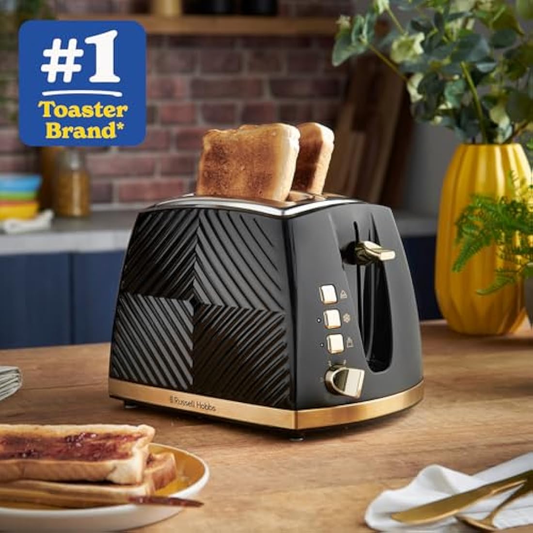 Russell Hobbs Groove 2-Slice Toaster | Black with Brushed Gold Accents
