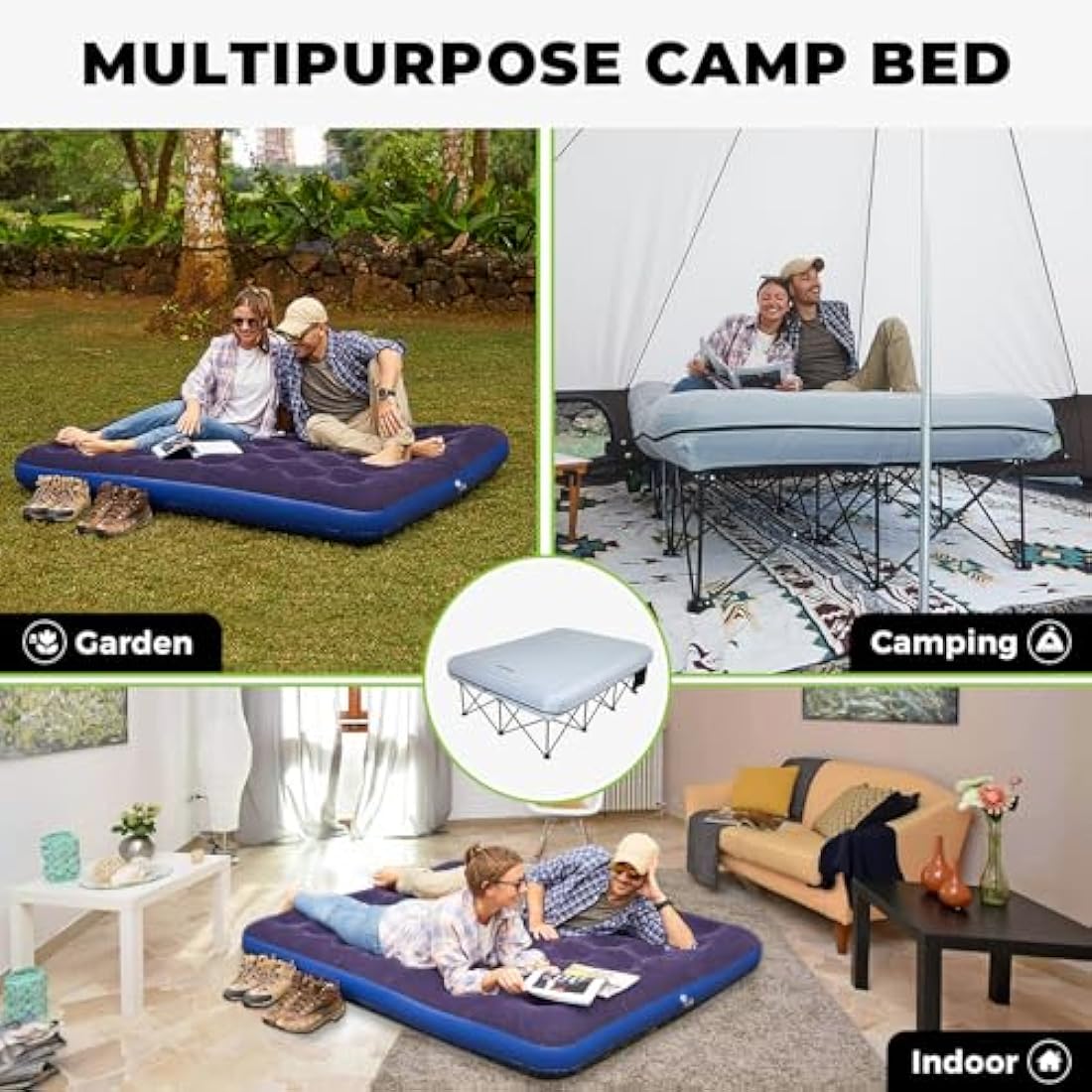 FUNDANGO Double Camping Cot with Air Mattress | Folding 2 Person Bed