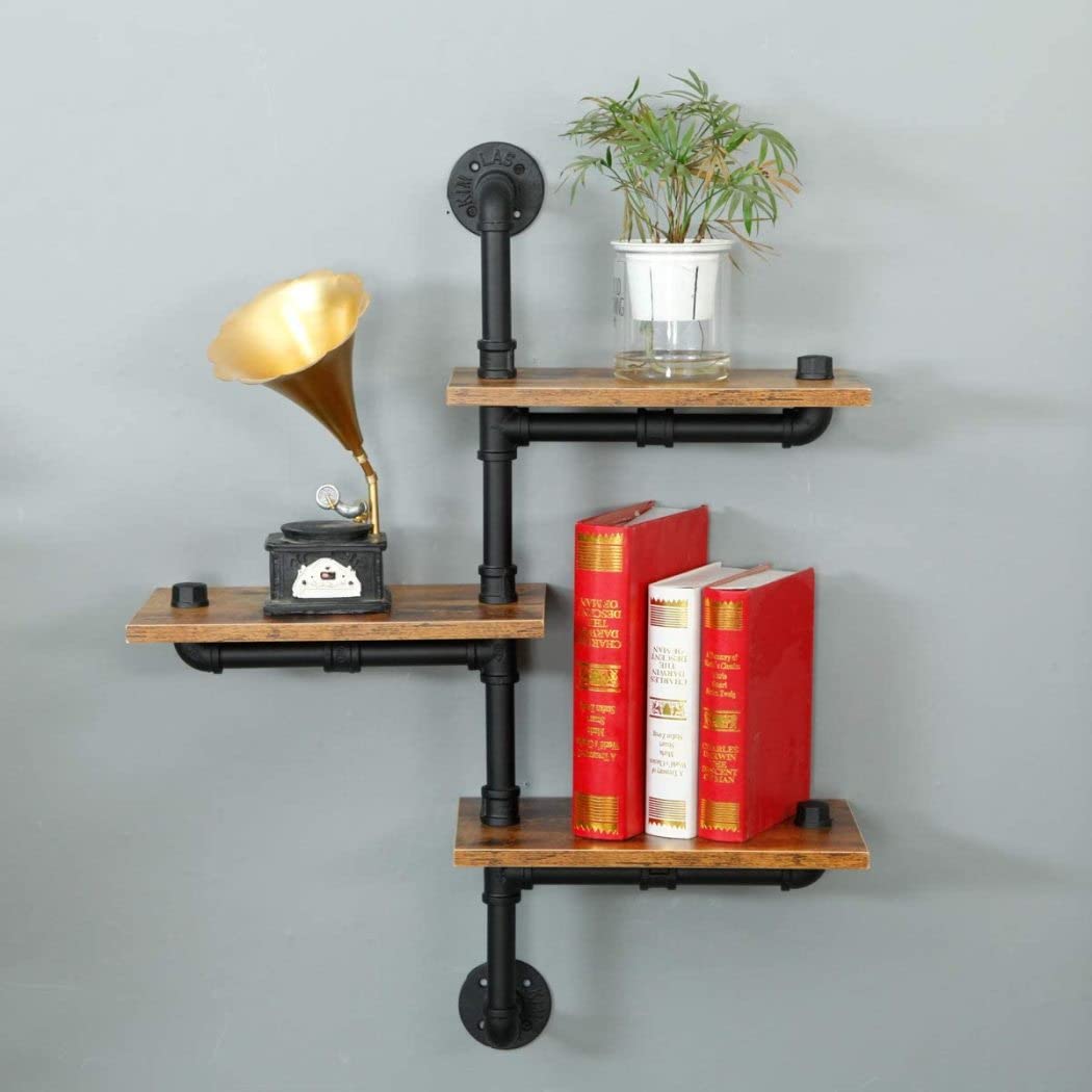 SaiDuoDuo 3-Tier Industrial Pipe Wall Mount Shelves | Rustic Wood Floating