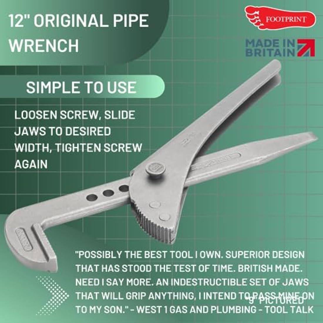 Footprint 698w Pipe Wrench 12-Inch | Sheffield Steel Plumbing Tool