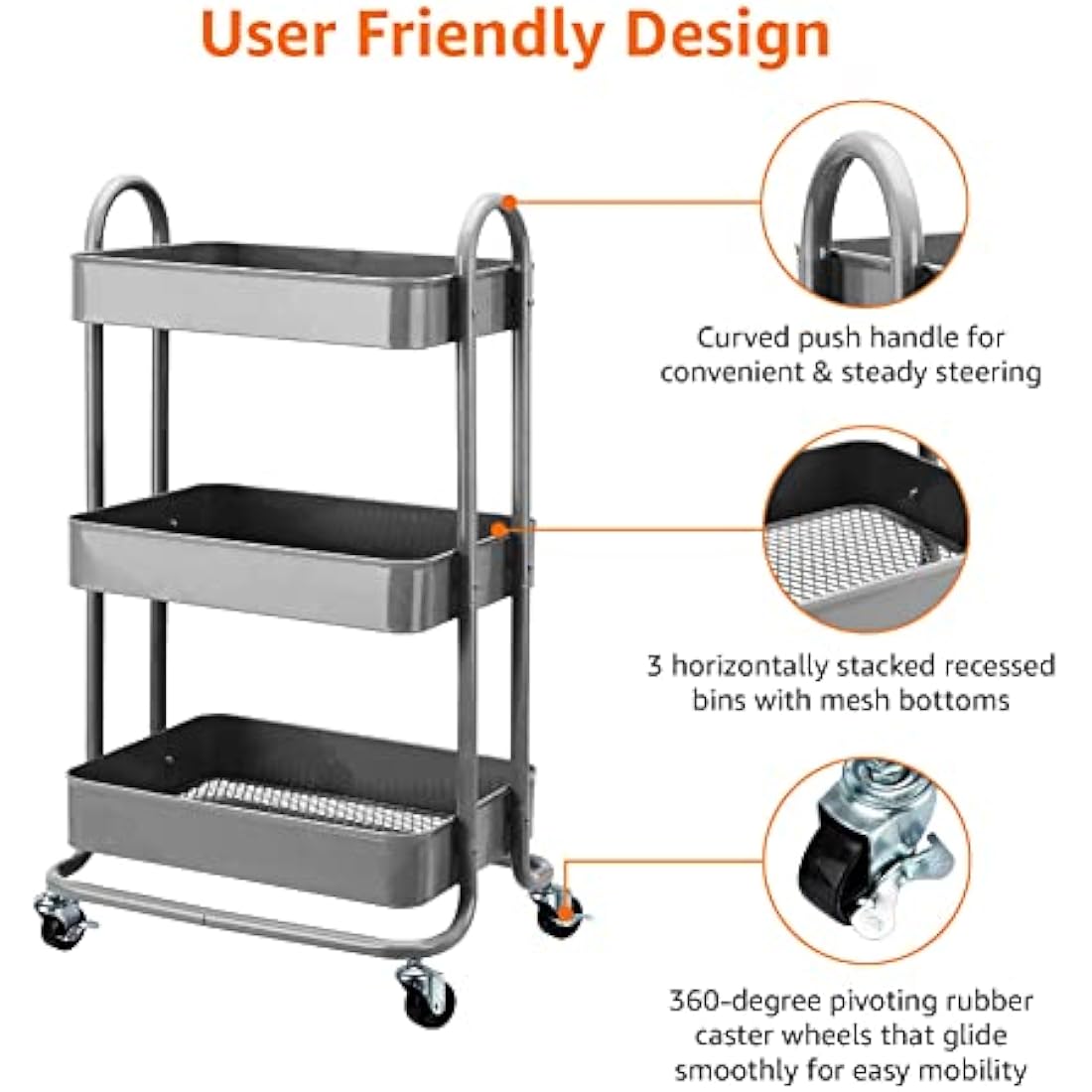 Jolof Store 3-Tier Rolling Metal Utility Cart – Charcoal Kitchen Storage