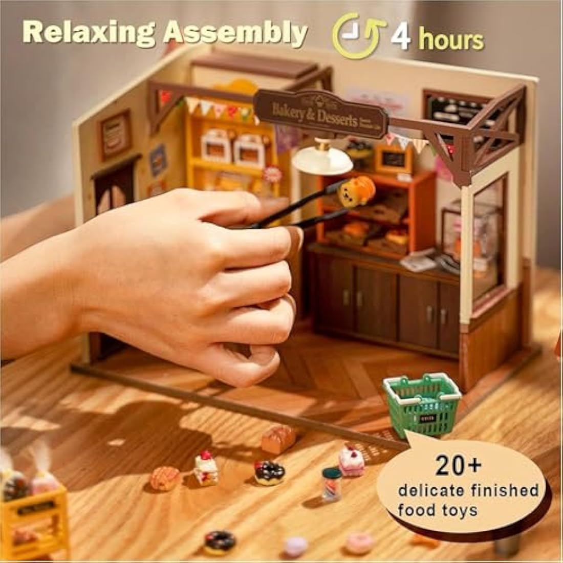 RoWood DIY Miniature Dollhouse Kit - Wooden Bakery Model with LED Lights