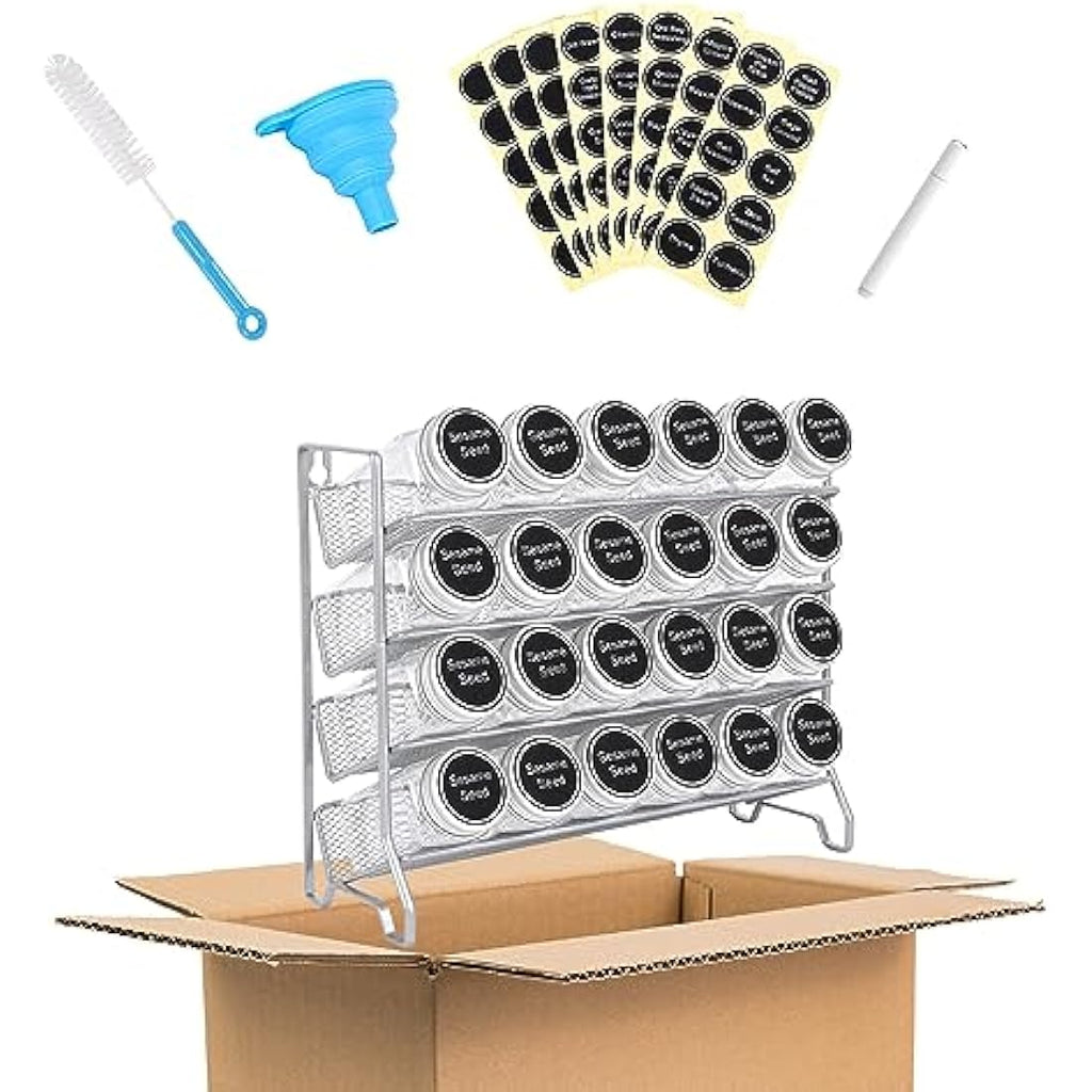 Jolof Store 4-Tier Metal Spice Rack with 24 Plastic Jars and Labels