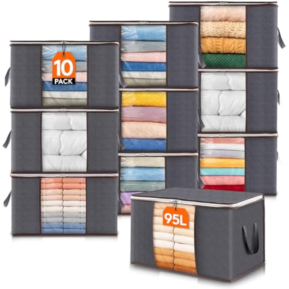 Lifewit 95L Large Clothes Storage Bag Organizer, 10 Pack – Grey