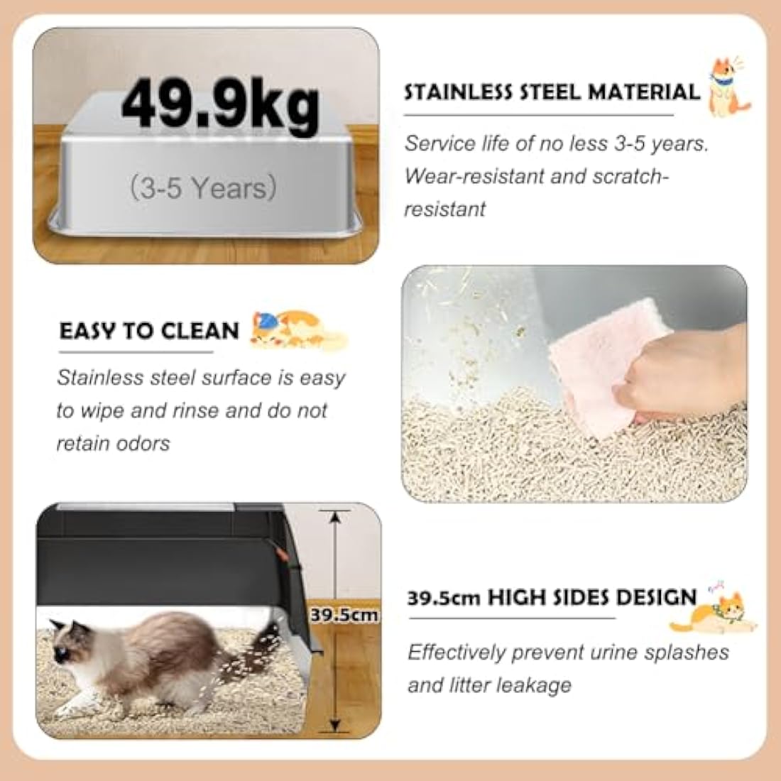 Vivifying Stainless Steel Cat Litter Box – Enclosed High-Sided Tray
