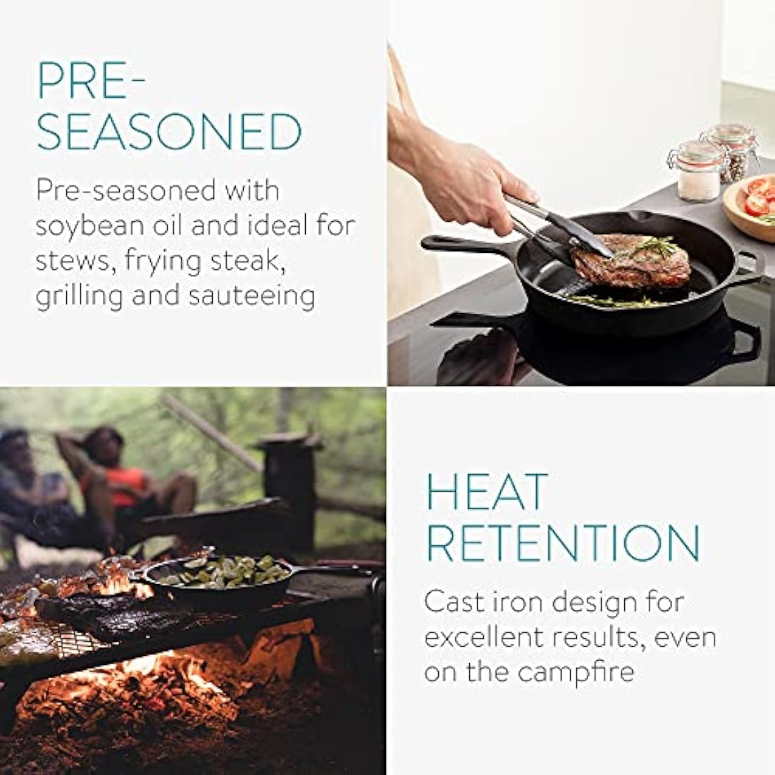 Navaris Pre-Seasoned Cast Iron Skillet Pan | 10 Inch Dual Handle Frying Pan