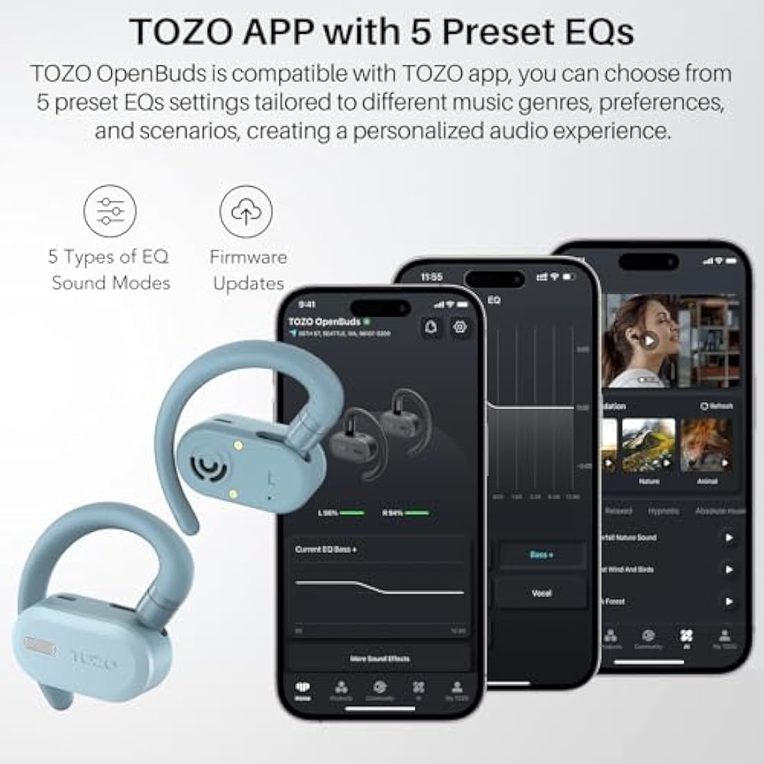 TOZO O2 Open Ear Wireless Headphones – Bluetooth 5.3 Earbuds, Blue