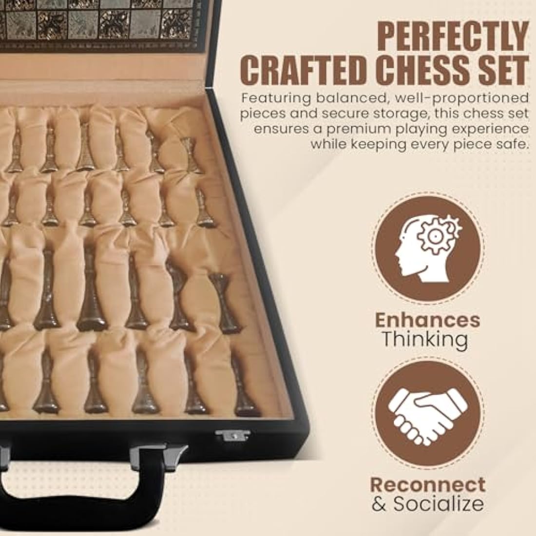 Tribal Warli Art Brass Chess Set with Leather Box - 12x12"