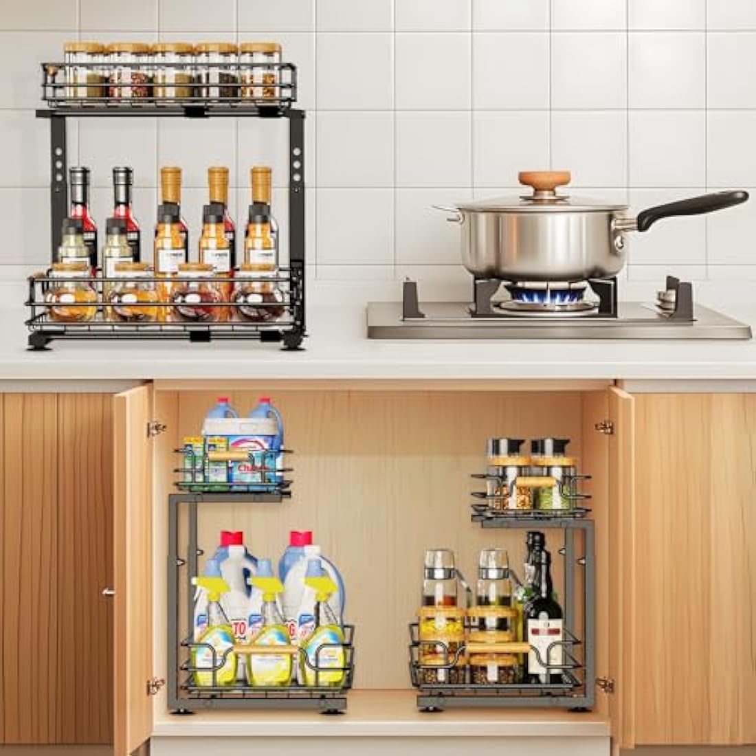 JYPS 2-Tier Under Sink Organiser – Adjustable Metal Sliding Storage Shelf