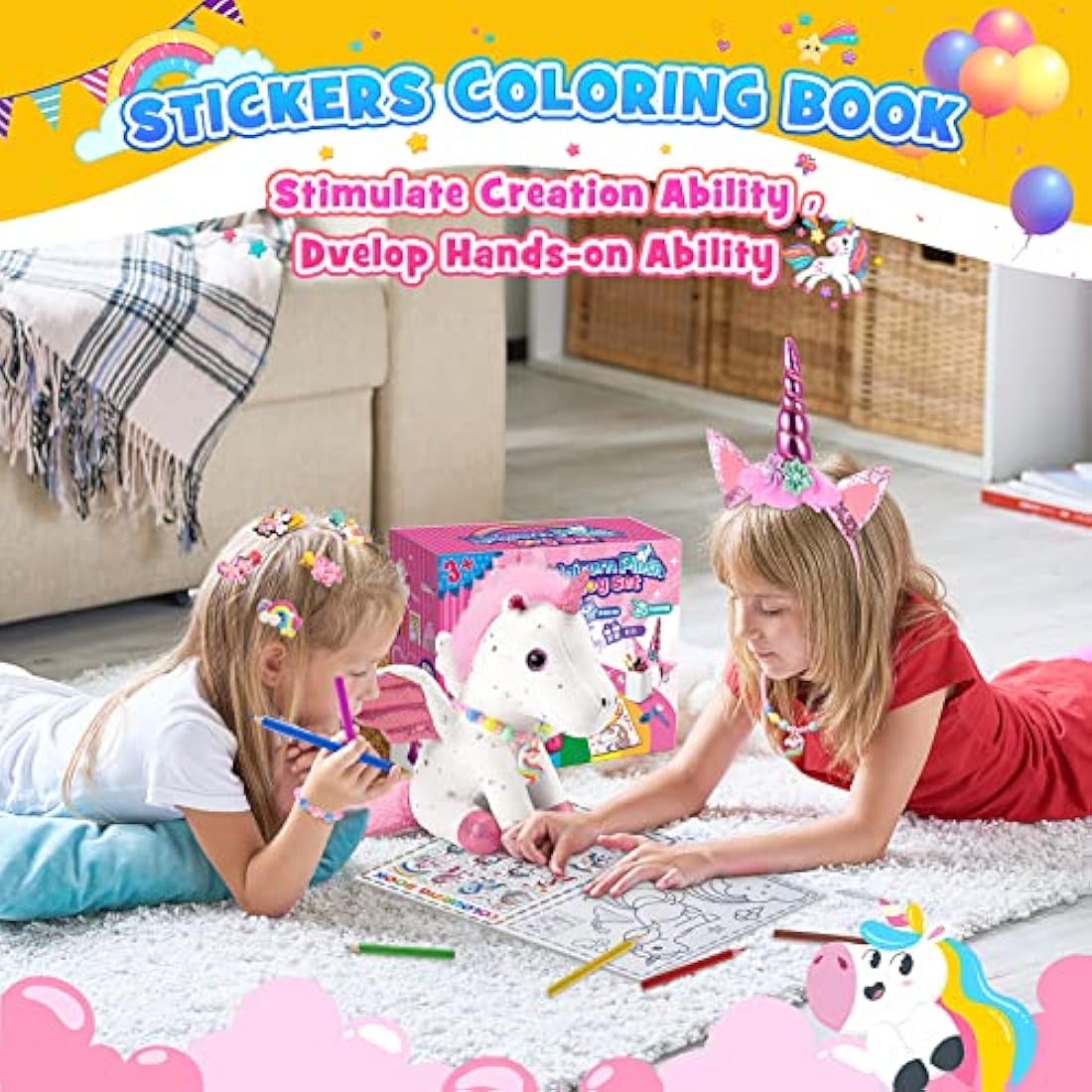 Unicorn Plush Toy Set with Coloring Book for Girls Age 3-8