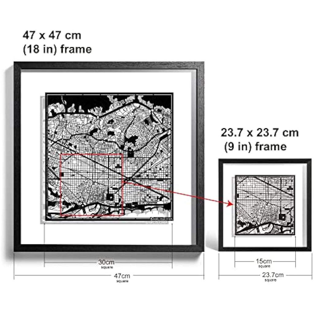 Jolof Store Barcelona Paper Map Art – 9x9 Black Frame Wall Decor
