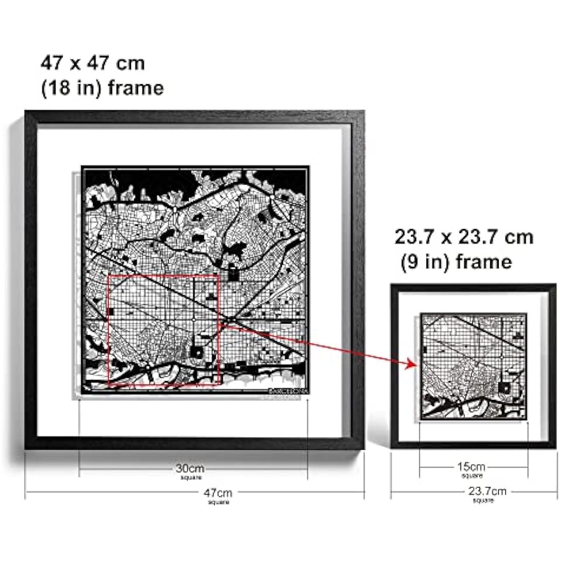 Jolof Store Barcelona Paper Map Art – 9x9 Black Frame Wall Decor