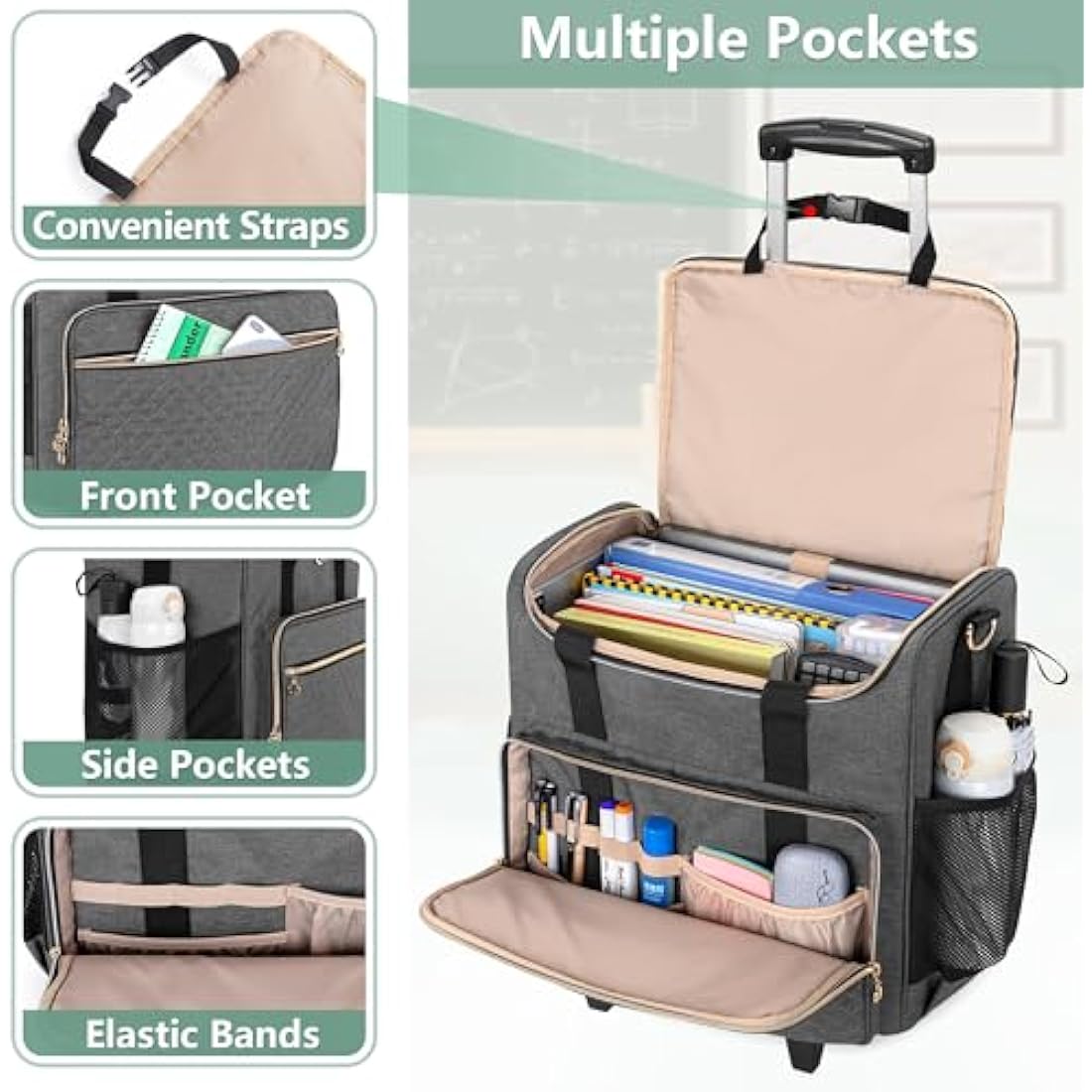 Rolling Teacher Bag | 15.6" Laptop Tote with Detachable Dolly