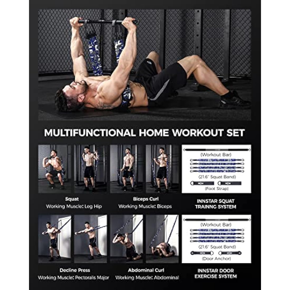 INNSTAR Portable Home Gym Set | Resistance Band Bench Press & Squat Kit