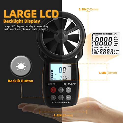 LYCEBELL Handheld Digital Anemometer | Bluetooth Wind Speed Meter with APP