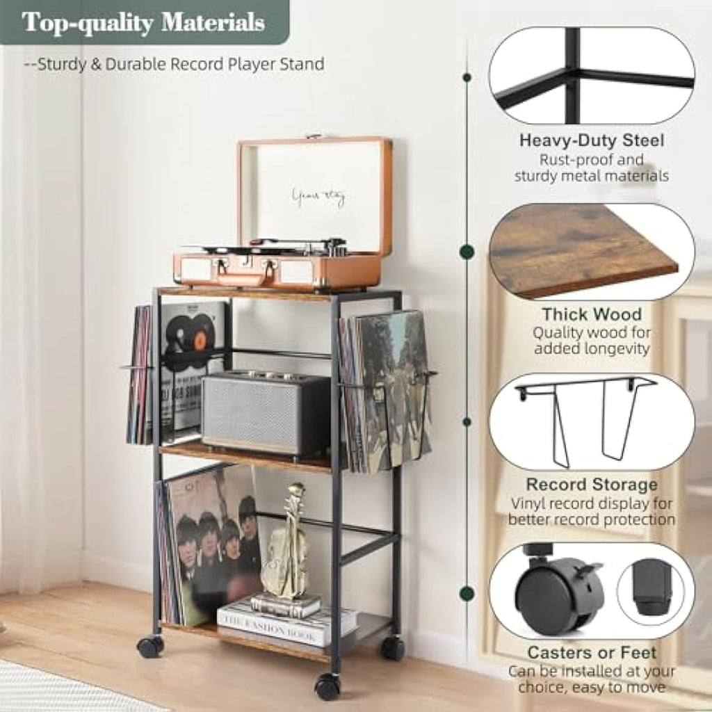 Bikoney Vinyl Record Storage – Rolling Turntable Stand with 3-Tier Shelves