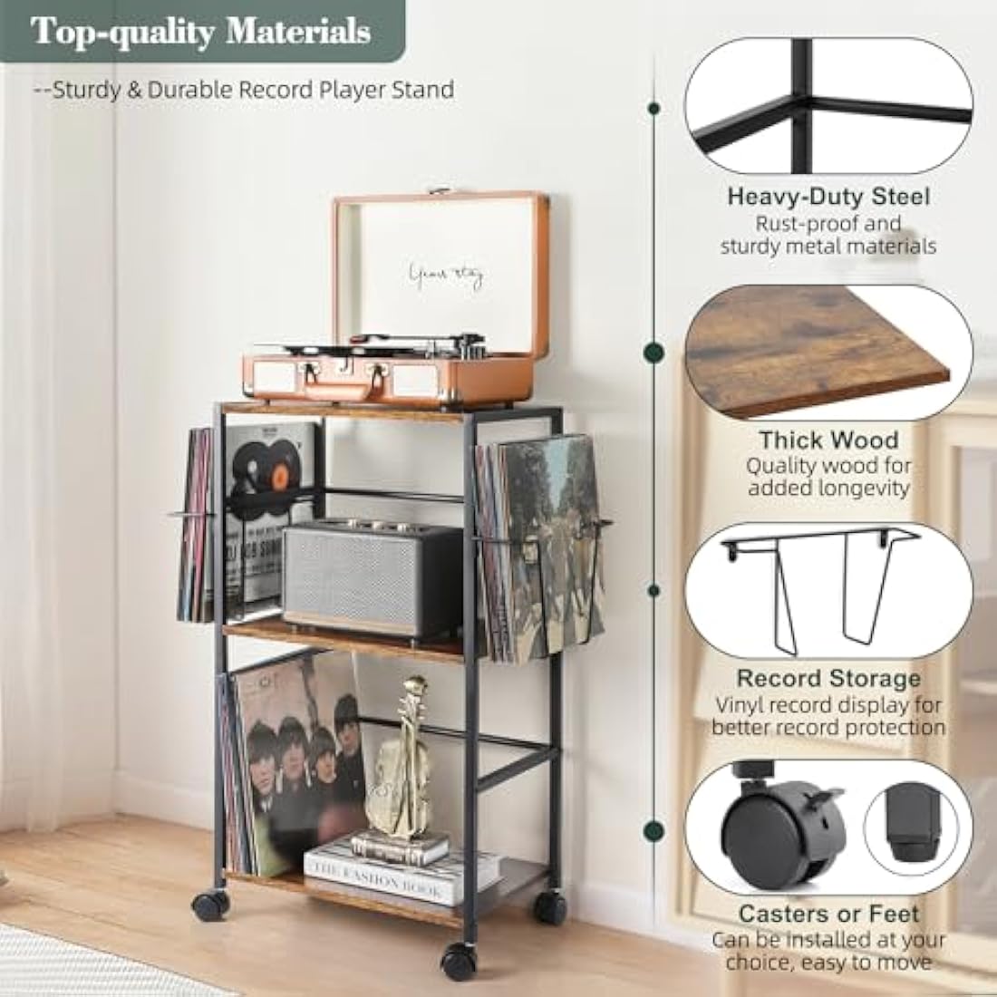 Bikoney Vinyl Record Storage – Rolling Turntable Stand with 3-Tier Shelves