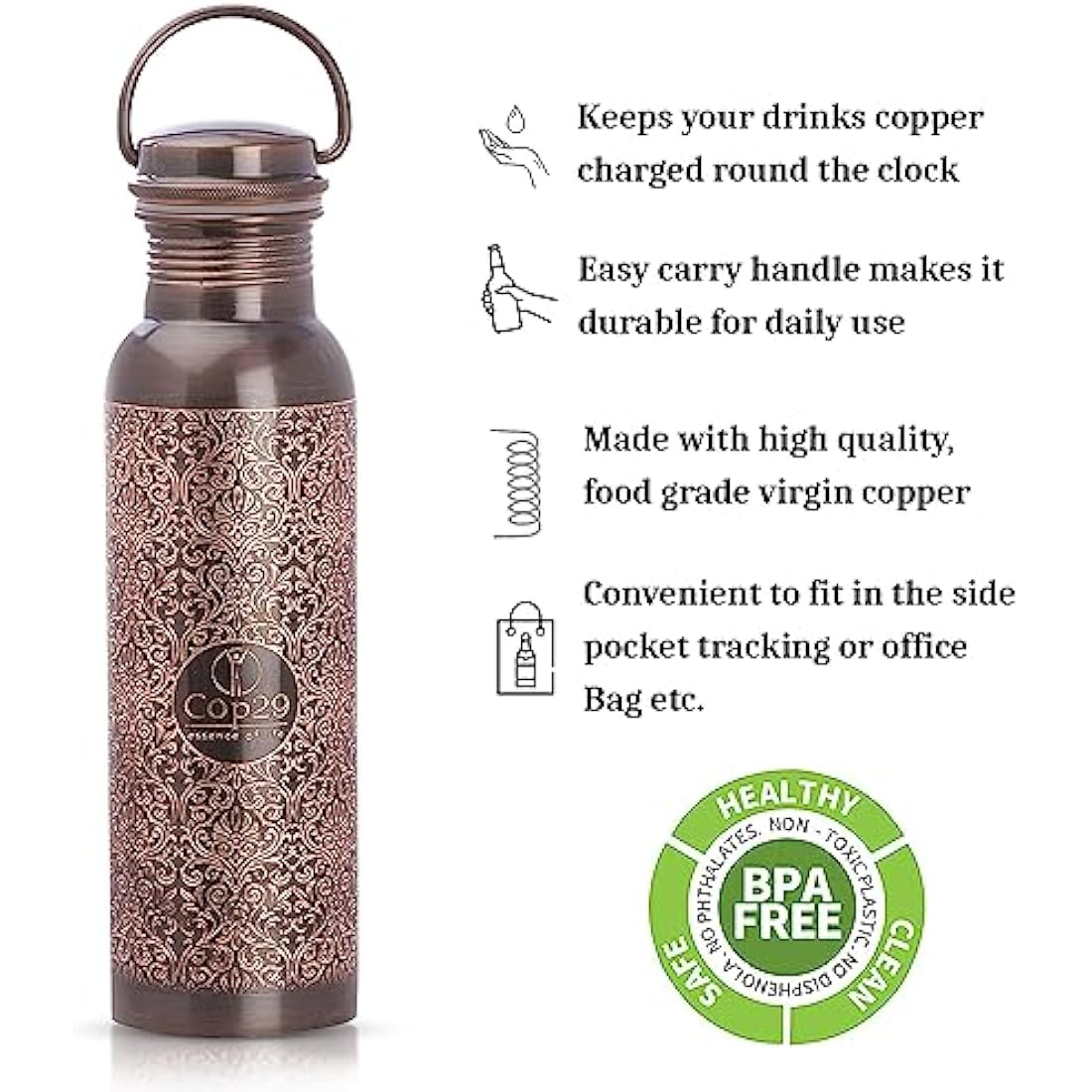 Jolof Store Handcrafted Antique Copper Water Bottle - 900ml Leak Proof
