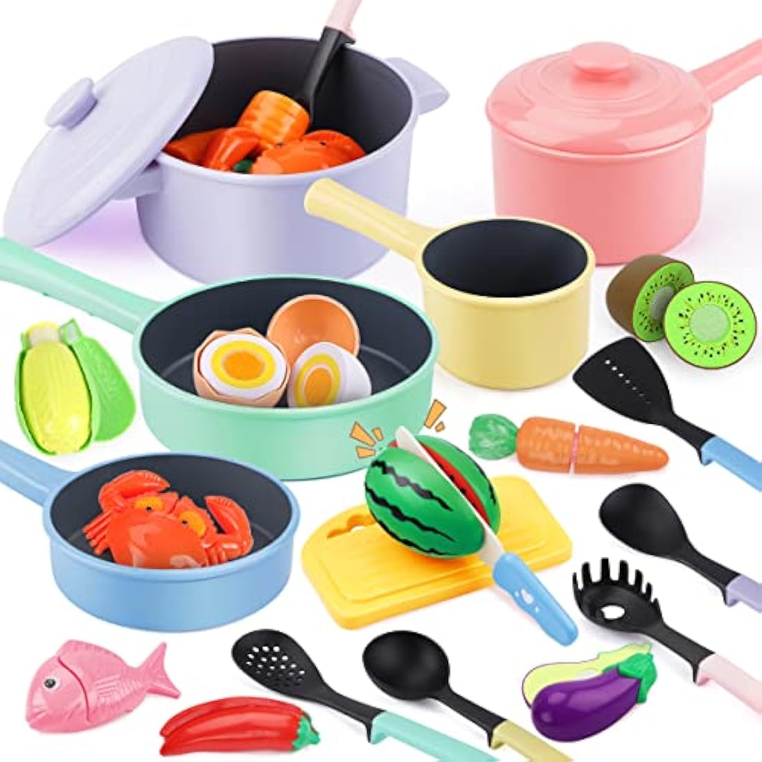 GILOBABY Kids Kitchen Pretend Play Set – Cutting Food & Cookware Toys
