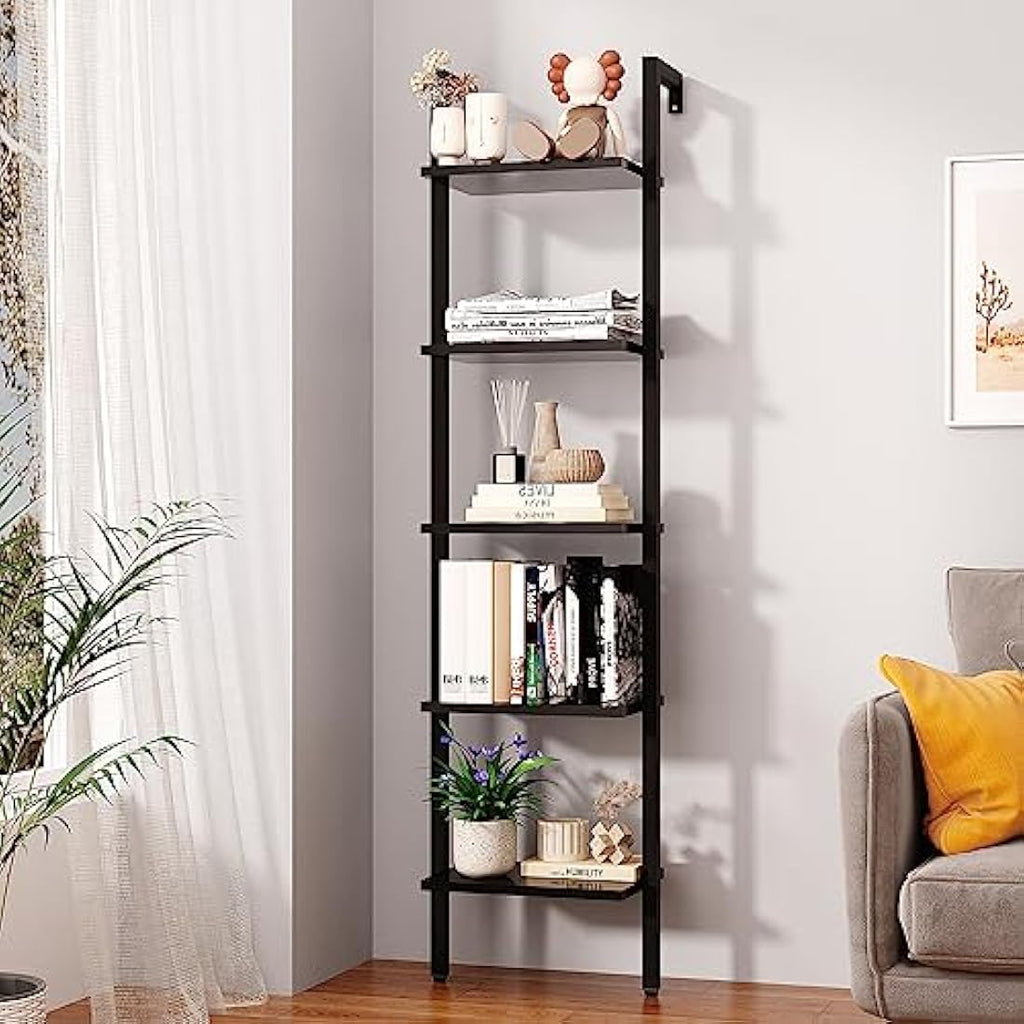YMYNY 5-Tier Wall Mounted Ladder Shelf – Industrial Metal Bookcase Rack