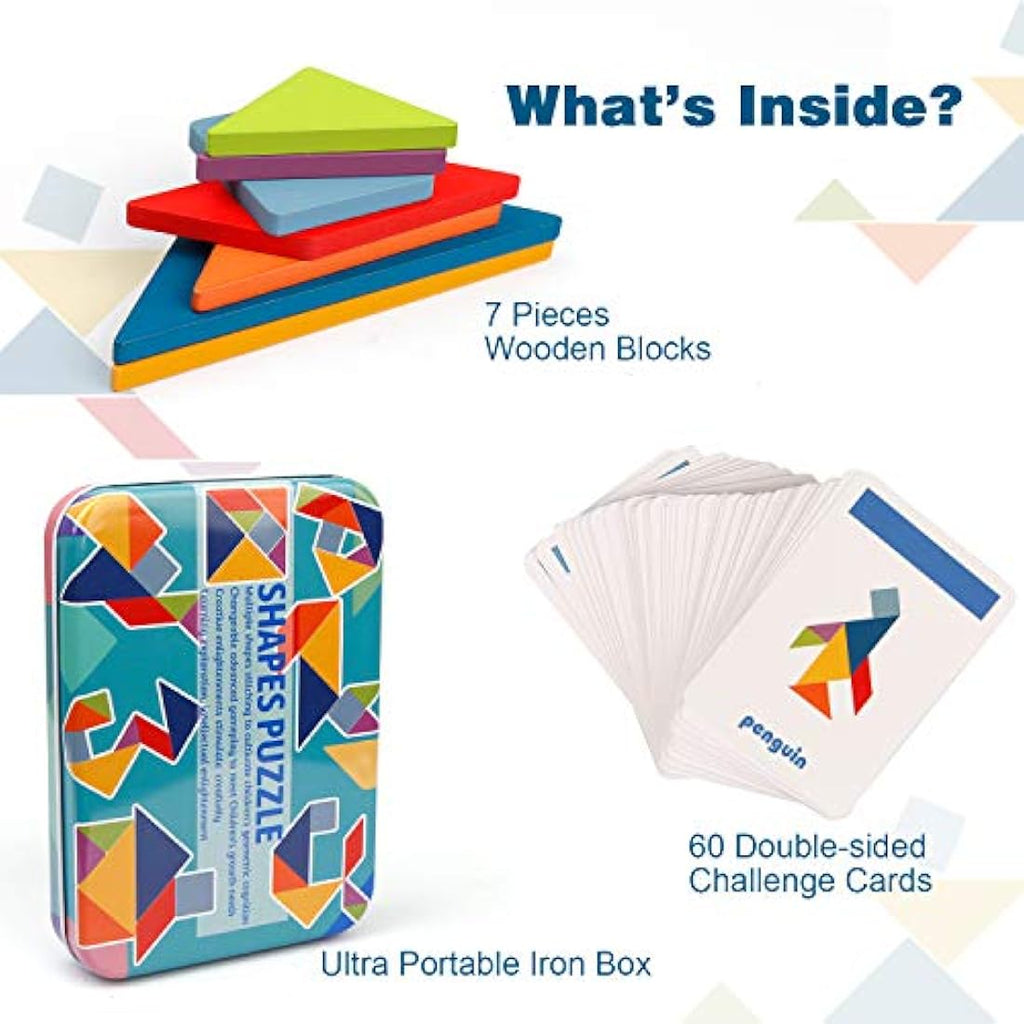 Vanmor Wooden Tangram Puzzles - 68 Pcs Montessori Pattern Blocks Set