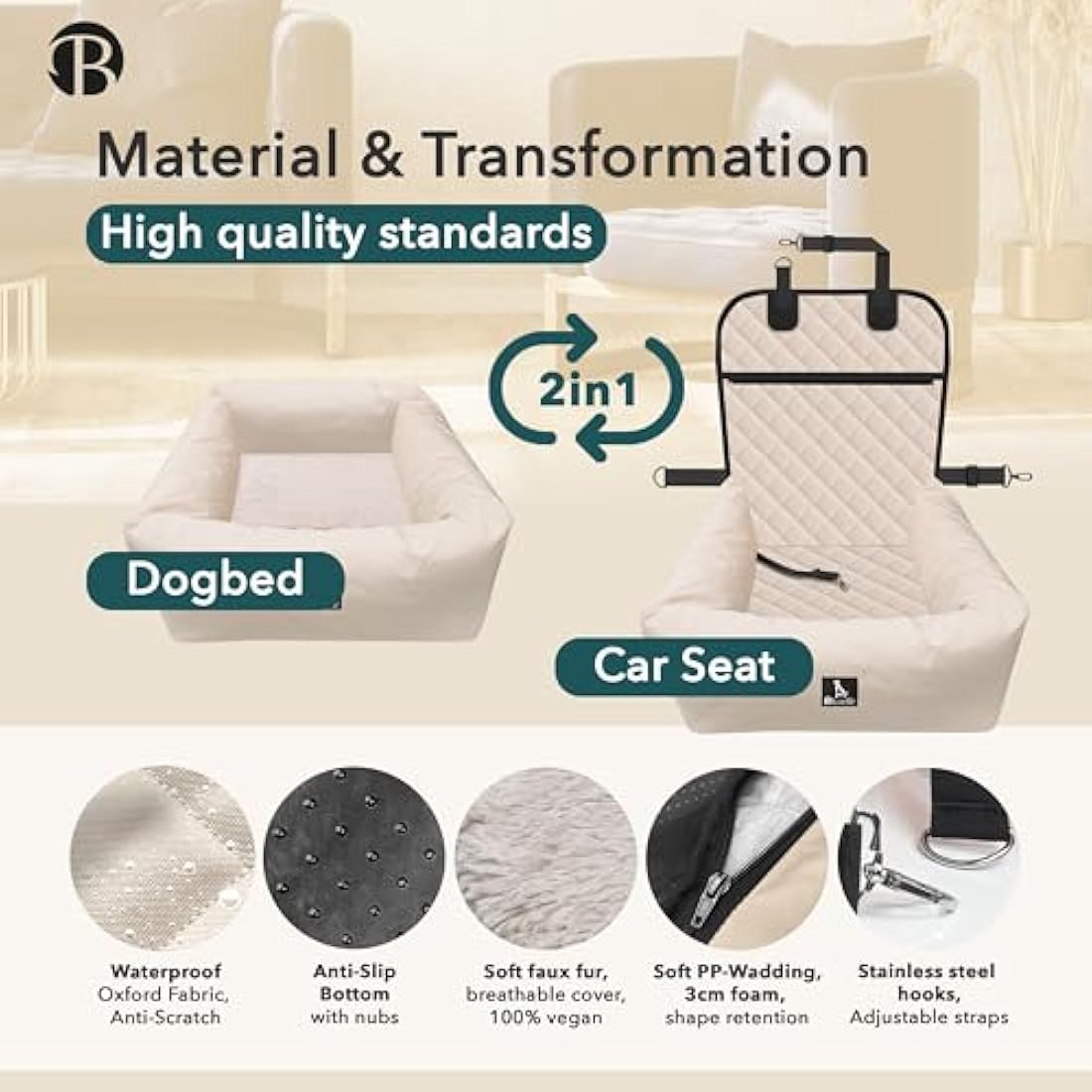 Bluzelle 2-in-1 Dog Car Seat & Travel Bed | Waterproof Oxford - Beige
