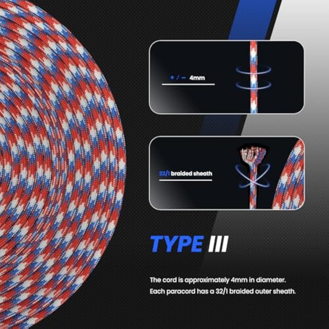 Abma Cord 4mm Type III Nylon Paracord - 9 Strands, 100m Rope - Liberty