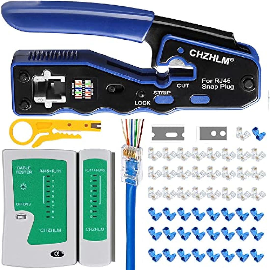 CHZHLM RJ45 Pass Through Crimping Tool Kit with Cable Tester and 50 Connectors