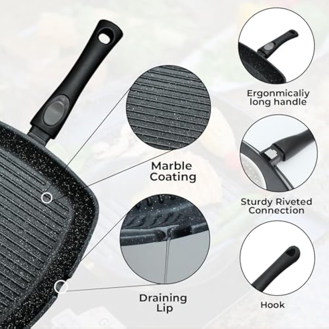 Chef Wonderful Non-Stick Griddle Pan - 28cm Induction Steak Pan with Handle