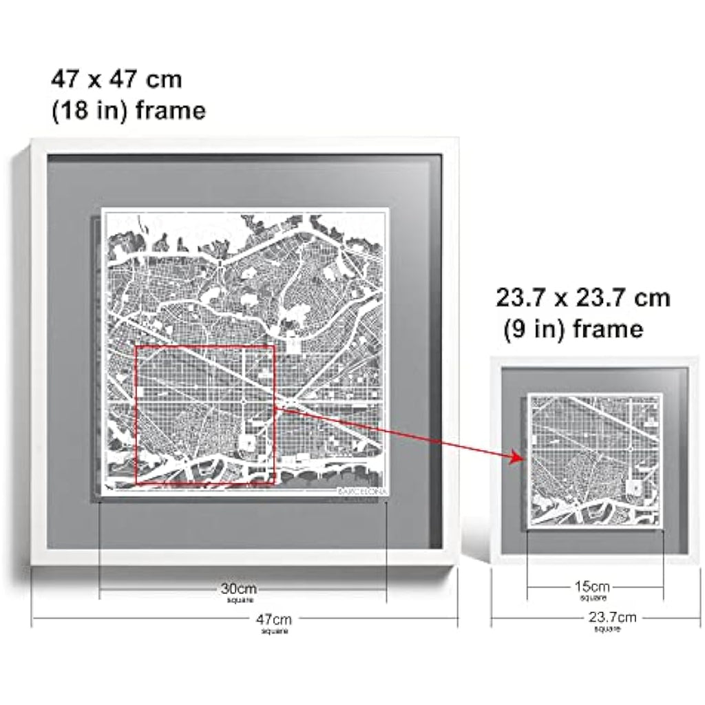 Barcelona Paper Map Art Frame by O3 Design Studio - 9x9 White Decor