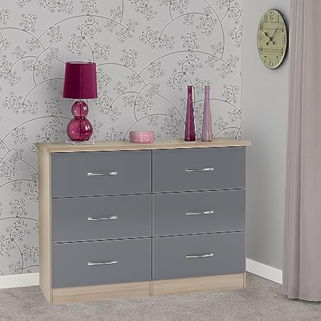 Seconique Nevada 6 Drawer Chest – Grey Gloss & Light Oak Dresser