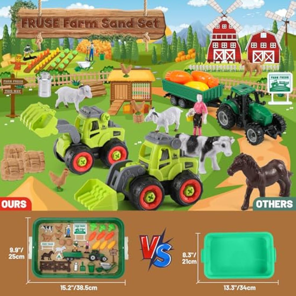 FRUSE Farm Animal Play Sand Set – 38pc Sensory Sandbox with Tractor Toys