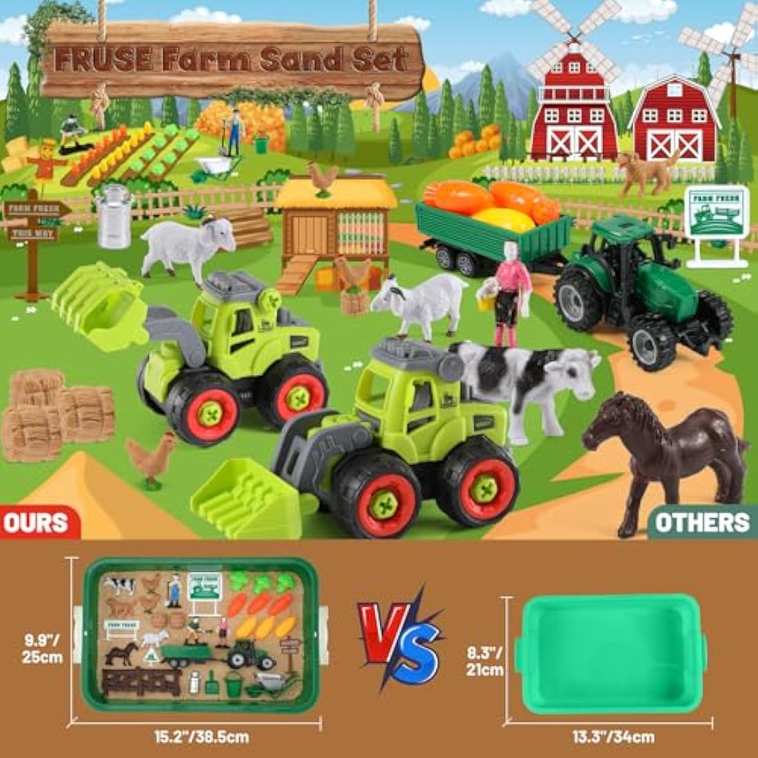 FRUSE Farm Animal Play Sand Set – 38pc Sensory Sandbox with Tractor Toys