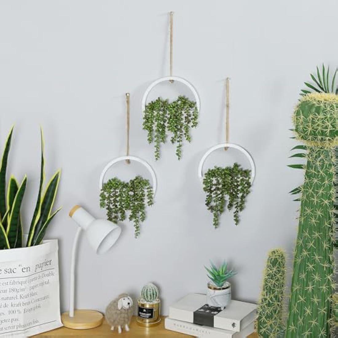 Hobyhoon Artificial String of Pearls Hanging Plant in Wooden Pot