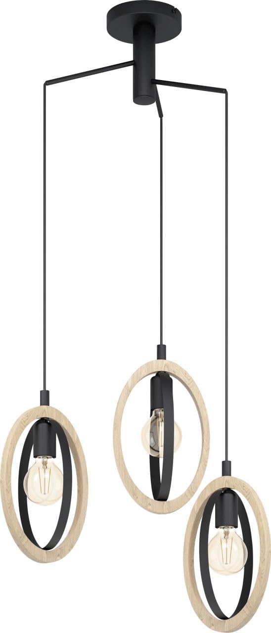 Eglo Basildon 3-Light Pendant Lamp – Vintage Wood and Black Steel
