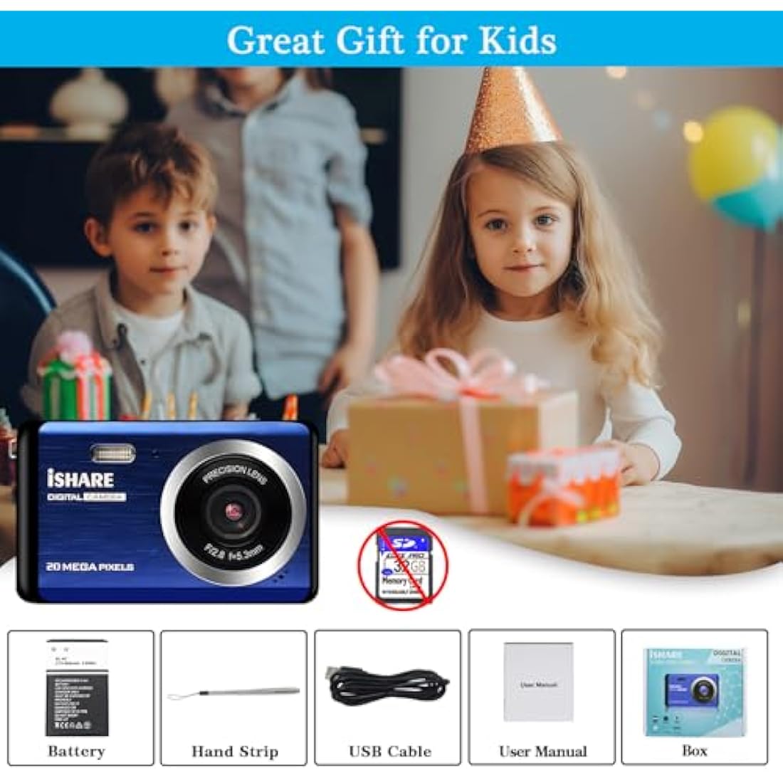Digital Camera – 1080P 30MP Point and Shoot for Kids (Blue)