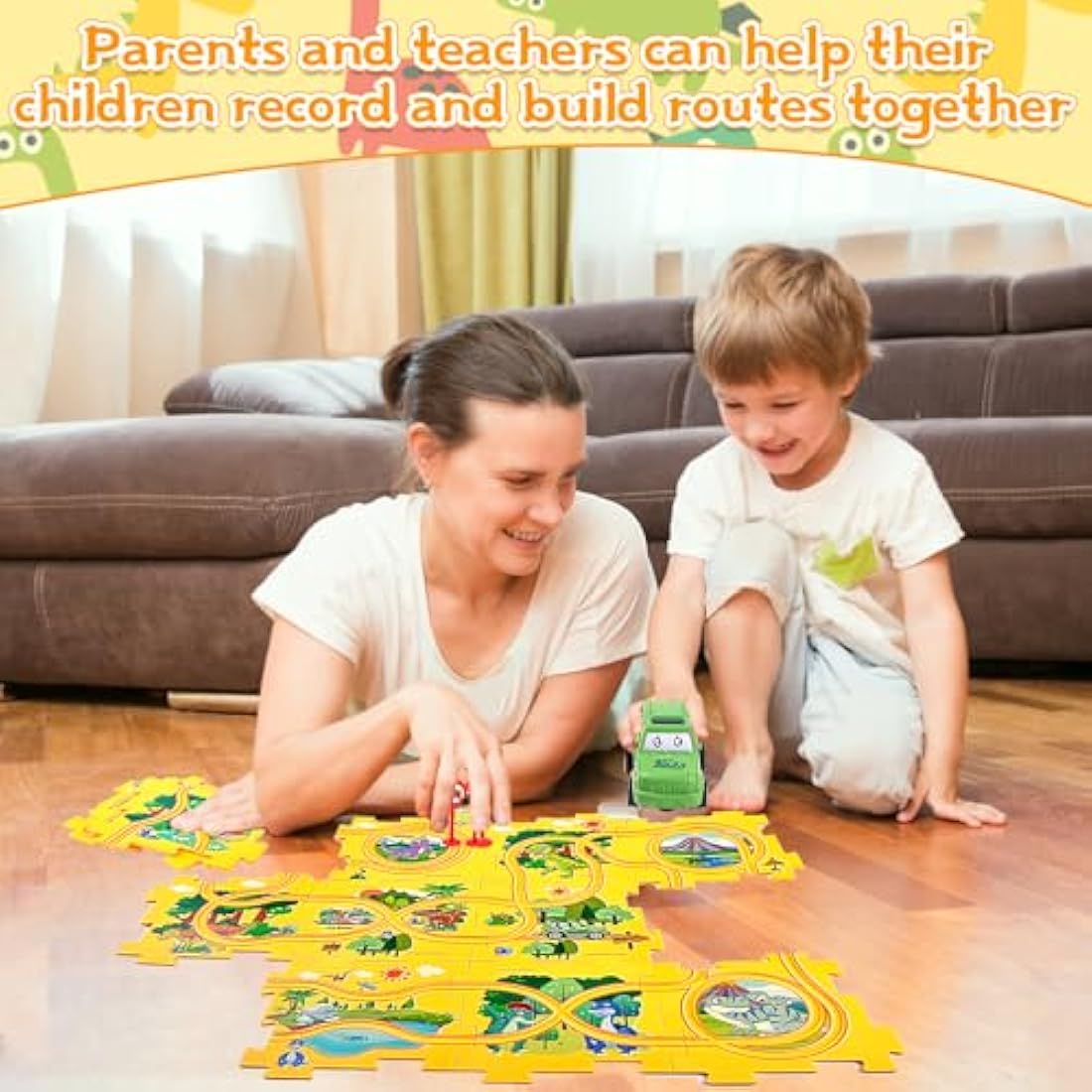 Pipihome Dinosaur Puzzle Track Car Set - DIY Electric Rail Building Toy