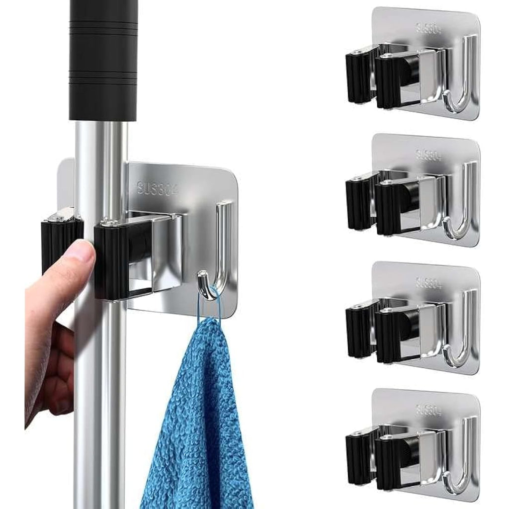 Homeasy Mop and Broom Holder | 4 Pcs Stainless Steel Wall Mount Hanger