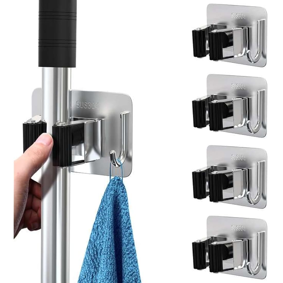Homeasy Mop and Broom Holder | 4 Pcs Stainless Steel Wall Mount Hanger