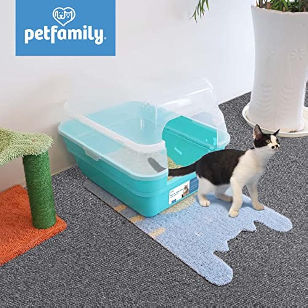 Petfamily 3-in-1 Large Cat Litter Box with Hood | Teal Plastic Tray