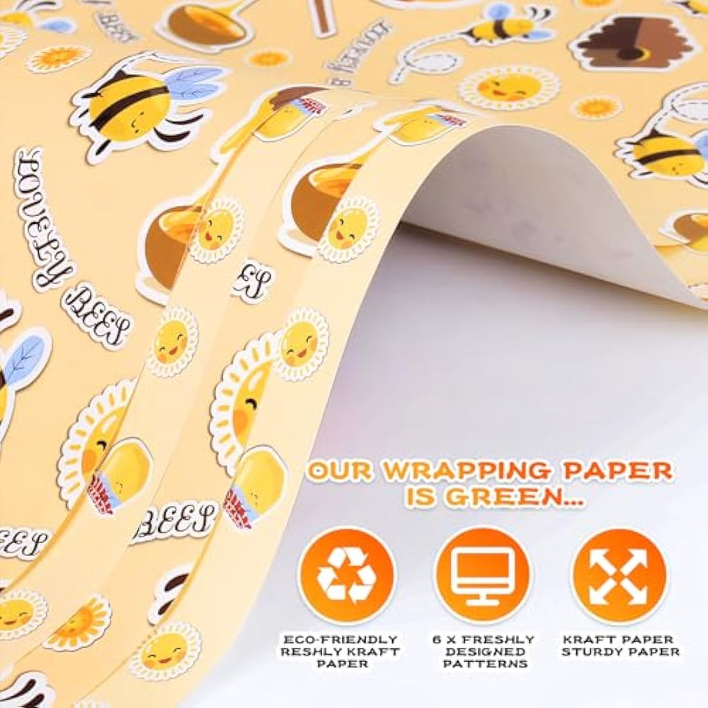 Bee Birthday Wrapping Paper - 4 Recycled Sheets with Tags