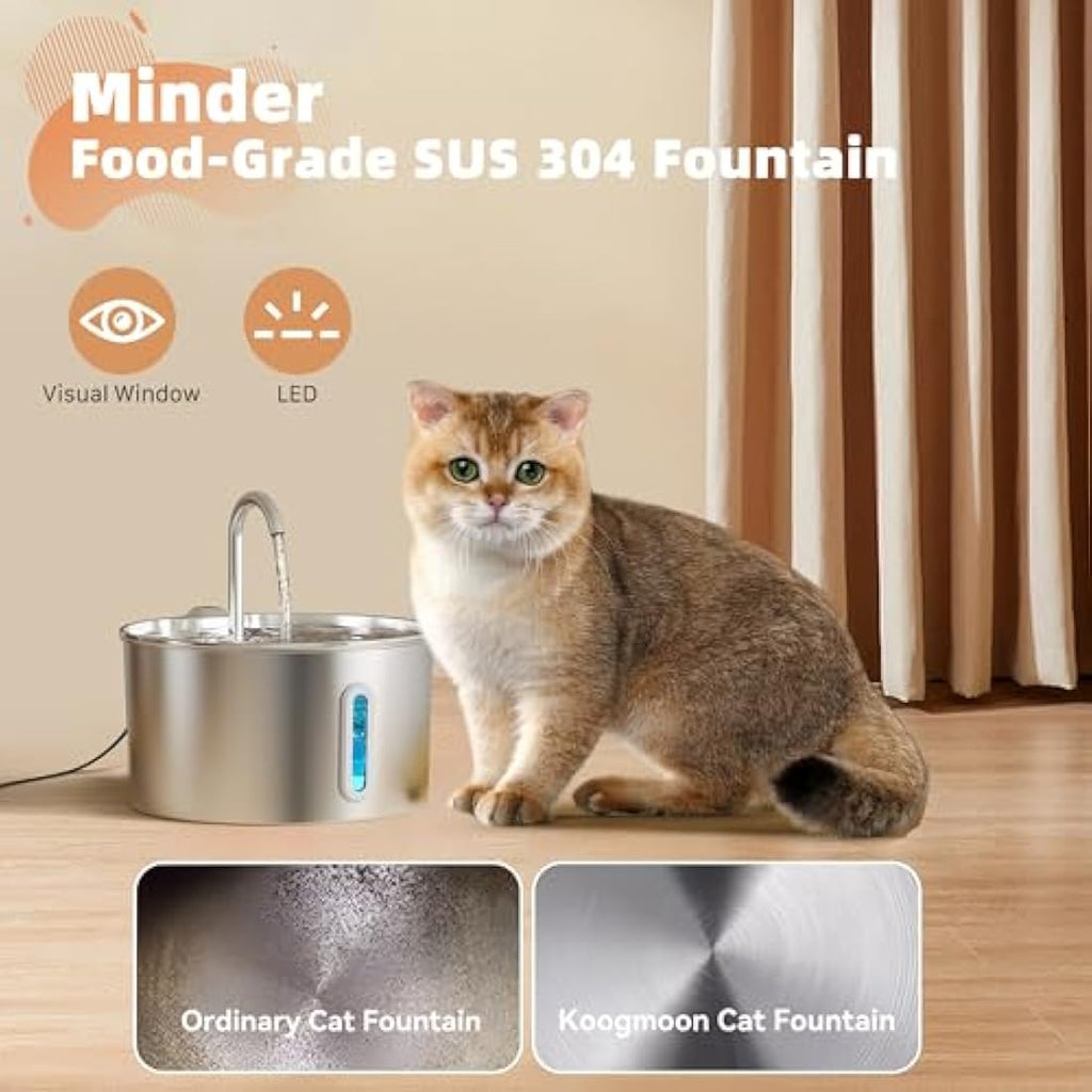 KOOGMOON 2.2L Stainless Steel Cat Water Fountain – Ultra-Quiet Pet Dispenser