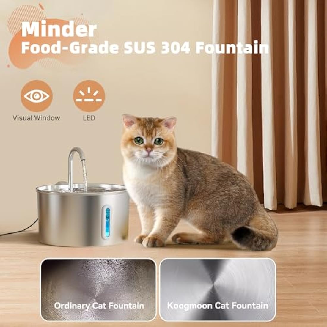 KOOGMOON 2.2L Stainless Steel Cat Water Fountain – Ultra-Quiet Pet Dispenser