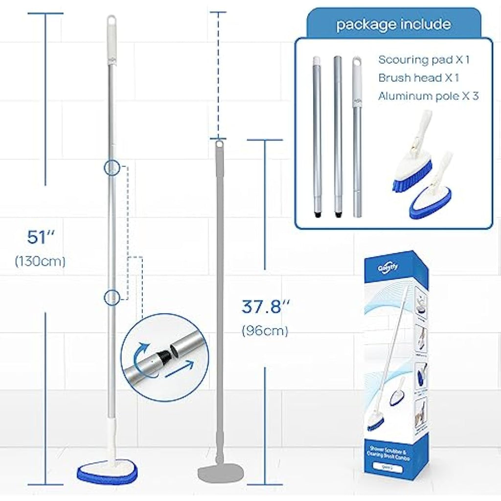 Qaestfy Shower Scrubber with 51'' Long Handle | 180° Swivel Head Brush