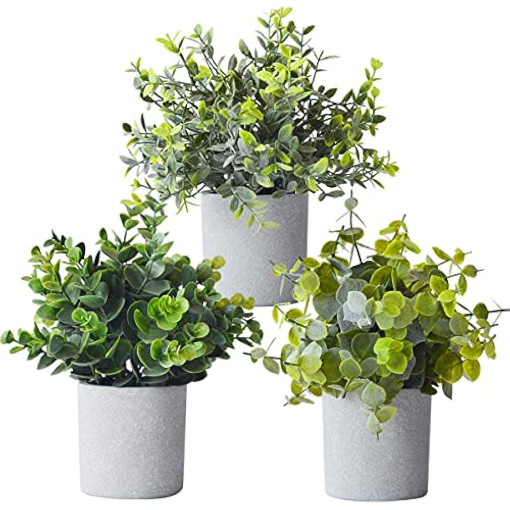 Jolof Store Mini Artificial Potted Plants – Set of 3 Faux Eucalyptus