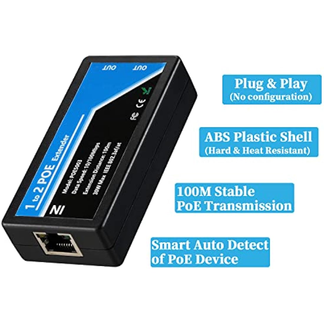 2-Port PoE Extender | 10/100Mbps IEEE 802.3af/at Repeater