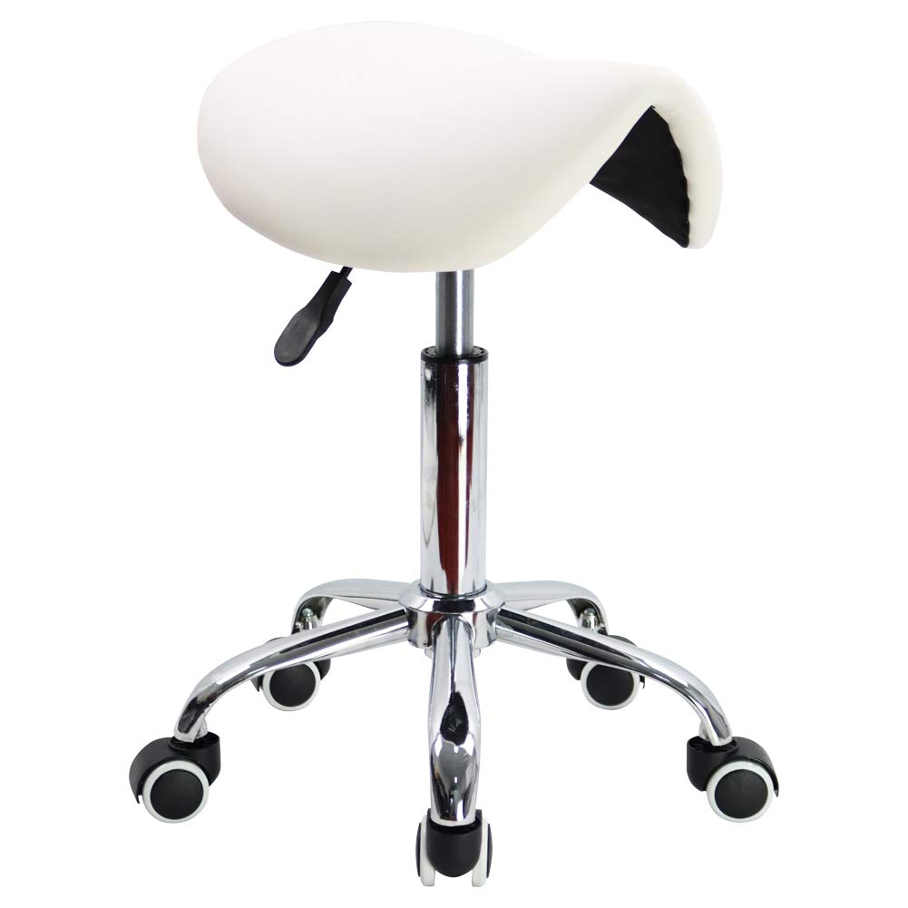 KKTONER Rolling Saddle Stool | Adjustable PU Leather Salon Chair - White
