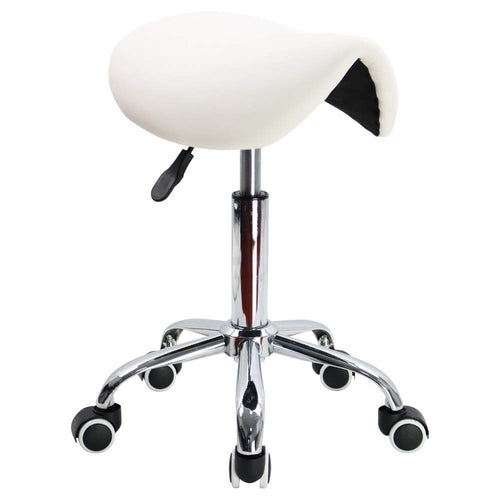 KKTONER Rolling Saddle Stool | Adjustable PU Leather Salon Chair - White