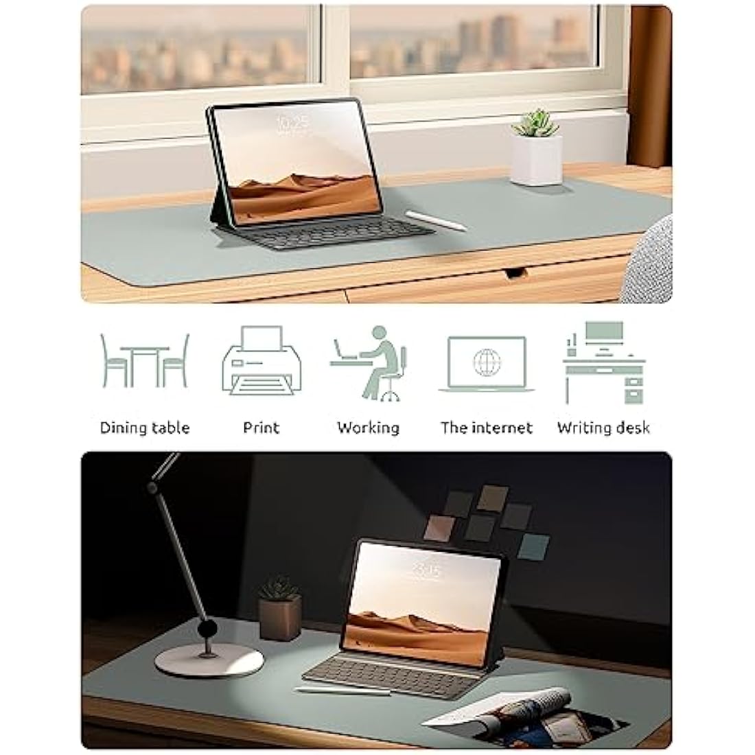 YSAGi PU Leather Desk Mat – Non-Slip Waterproof Mouse Pad, Grayish Green